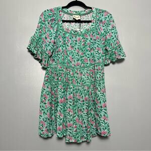 Playa Lucila NWT Floral Tiered Mini Dress Green Flowy Beach Boho Women’s Size S